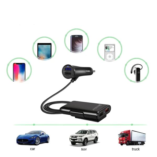 Extensão de Carregador USB de Celular para Carros 4 em 1 - ChargerPower